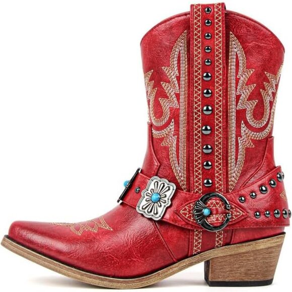 Shoes - Women's Red Ankle High Embroidery Pointed Toe Cowgirl Boots Rodeo Country